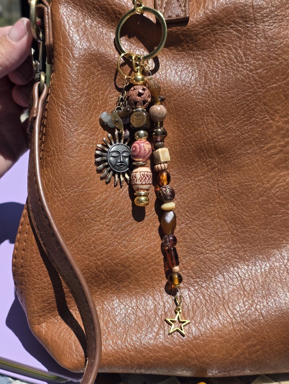 Boho Sun & Star Beaded Bag Charm  Celestial Keychain Earth tone beads